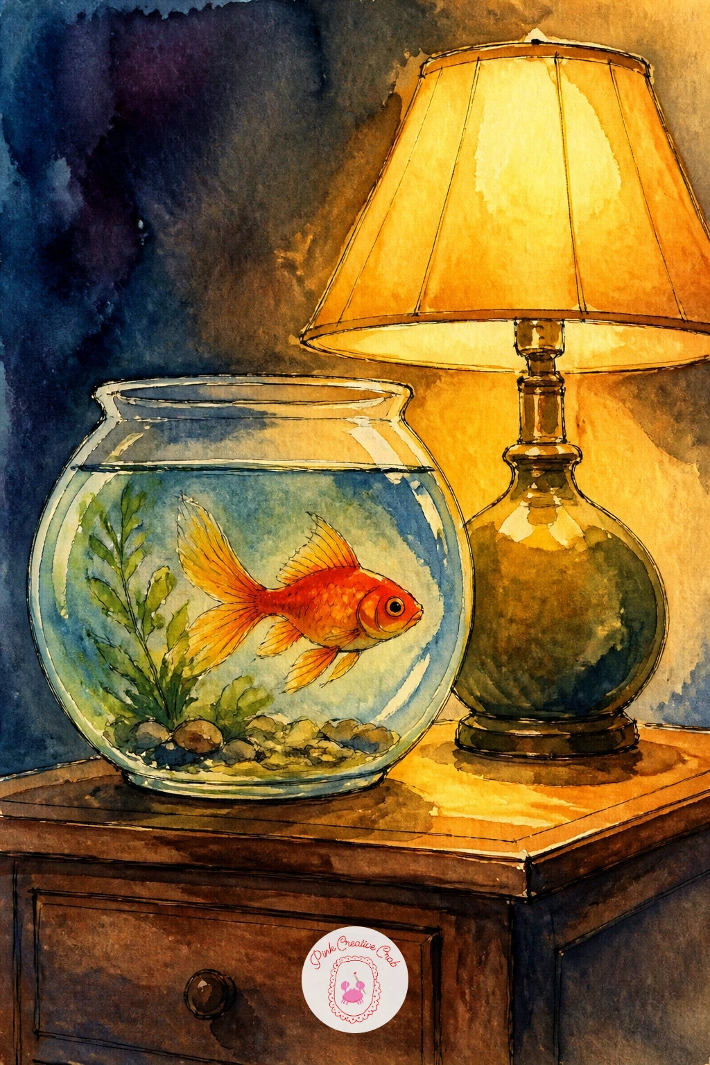 A Goldfish Bowl on a Nightstand With a Lamp — Bring the fish indoors for a cozy bedtime scene, its bowl sitting on a nightstand beside a small glowing lamp.
