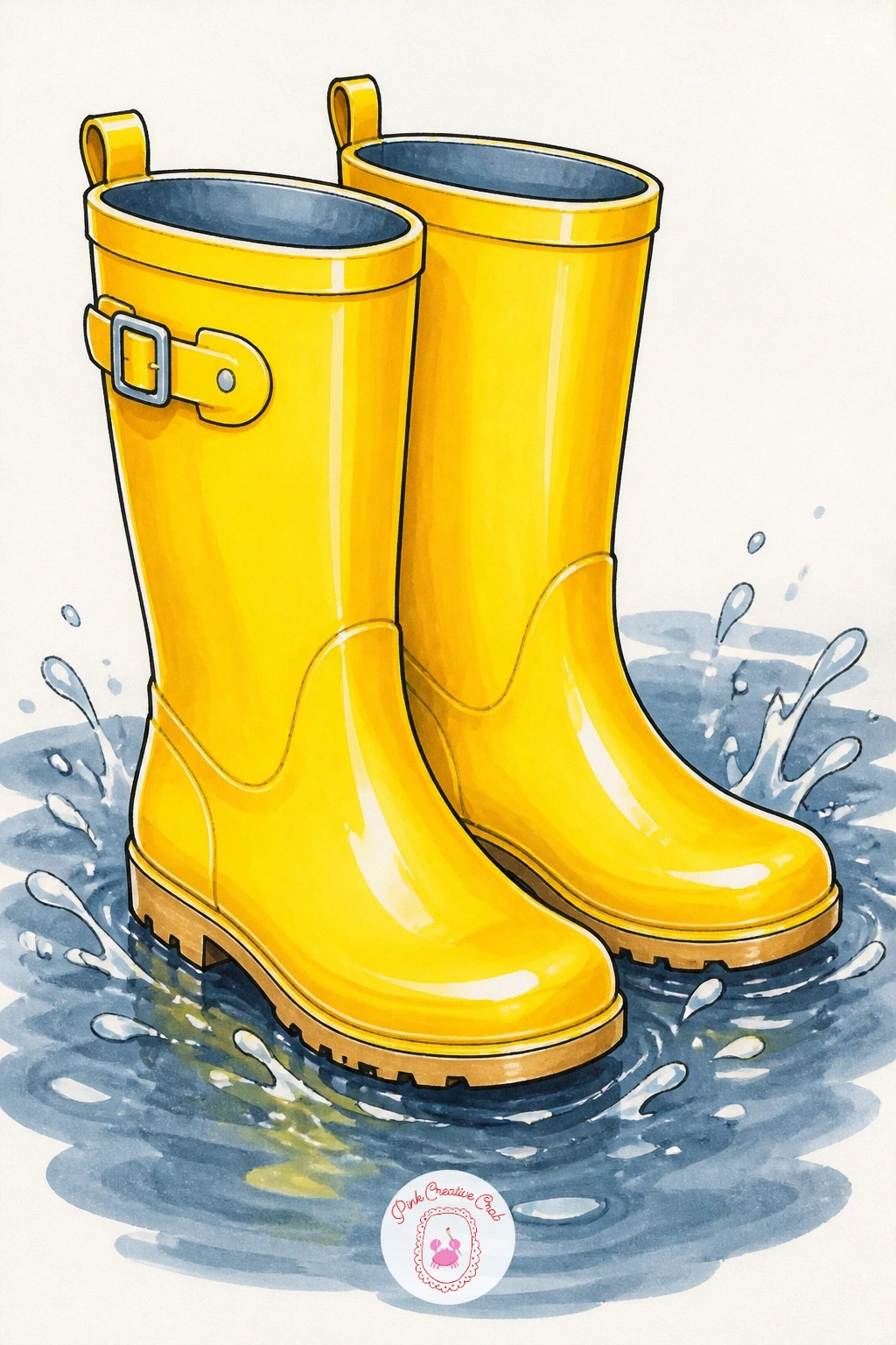 Yellow Rain Boots In A Puddle — Start where this whole list starts: a single pair of yellow rain boots standing in a puddle, toes slightly turned in toward