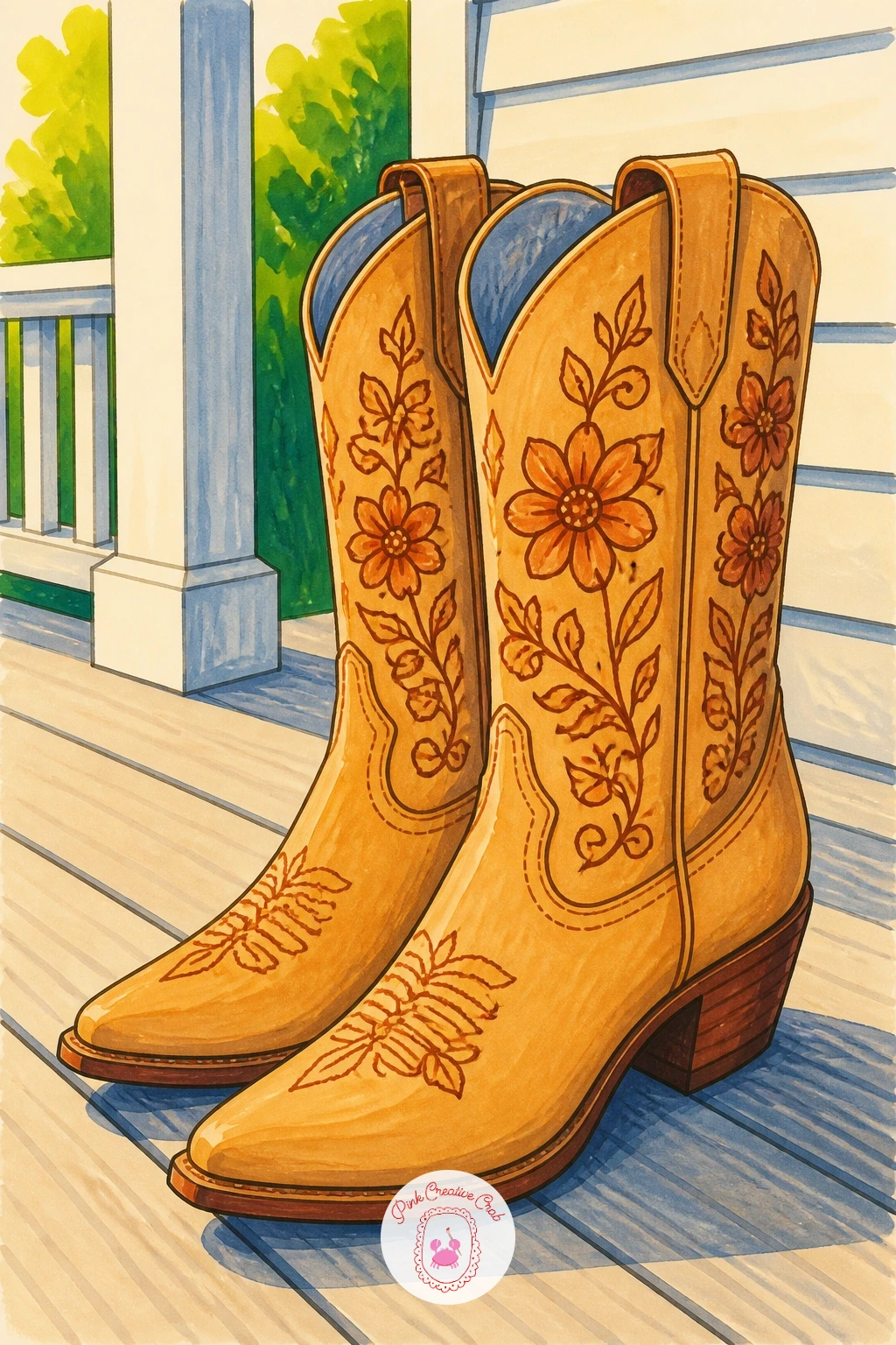Cowboy Boots With Stitched Flowers On A Porch — Cowboy boots bring in pointed toes and a tall, angled shaft, so give yourself a light pencil guide before you
