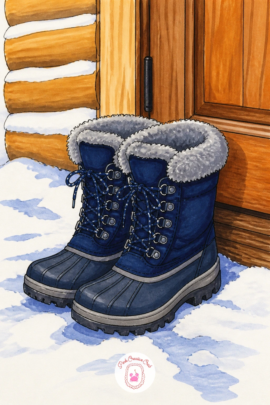 Snow Boots By A Cabin Door — Move from the porch to a snowy doorstep, with a pair of chunky snow boots propped beside a cabin door. Boots drawing