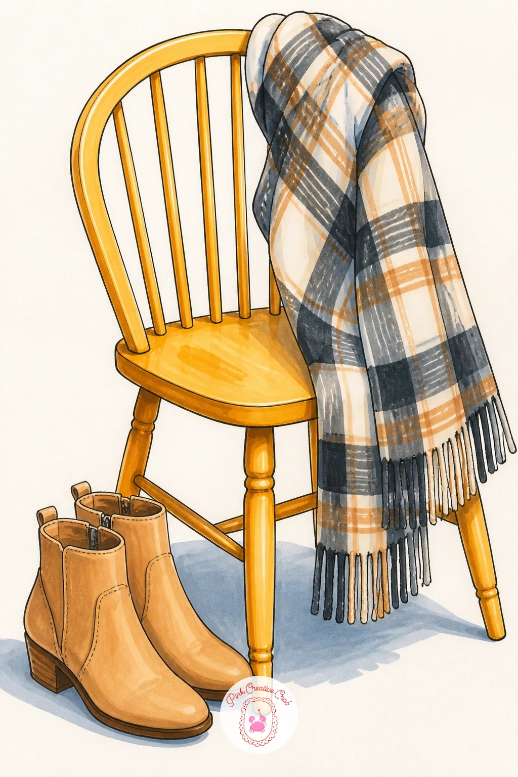 Ankle Boots With A Scarf On A Chair — Here the boots sit still rather than walking anywhere, so think eye level: you are looking slightly down onto the seat of