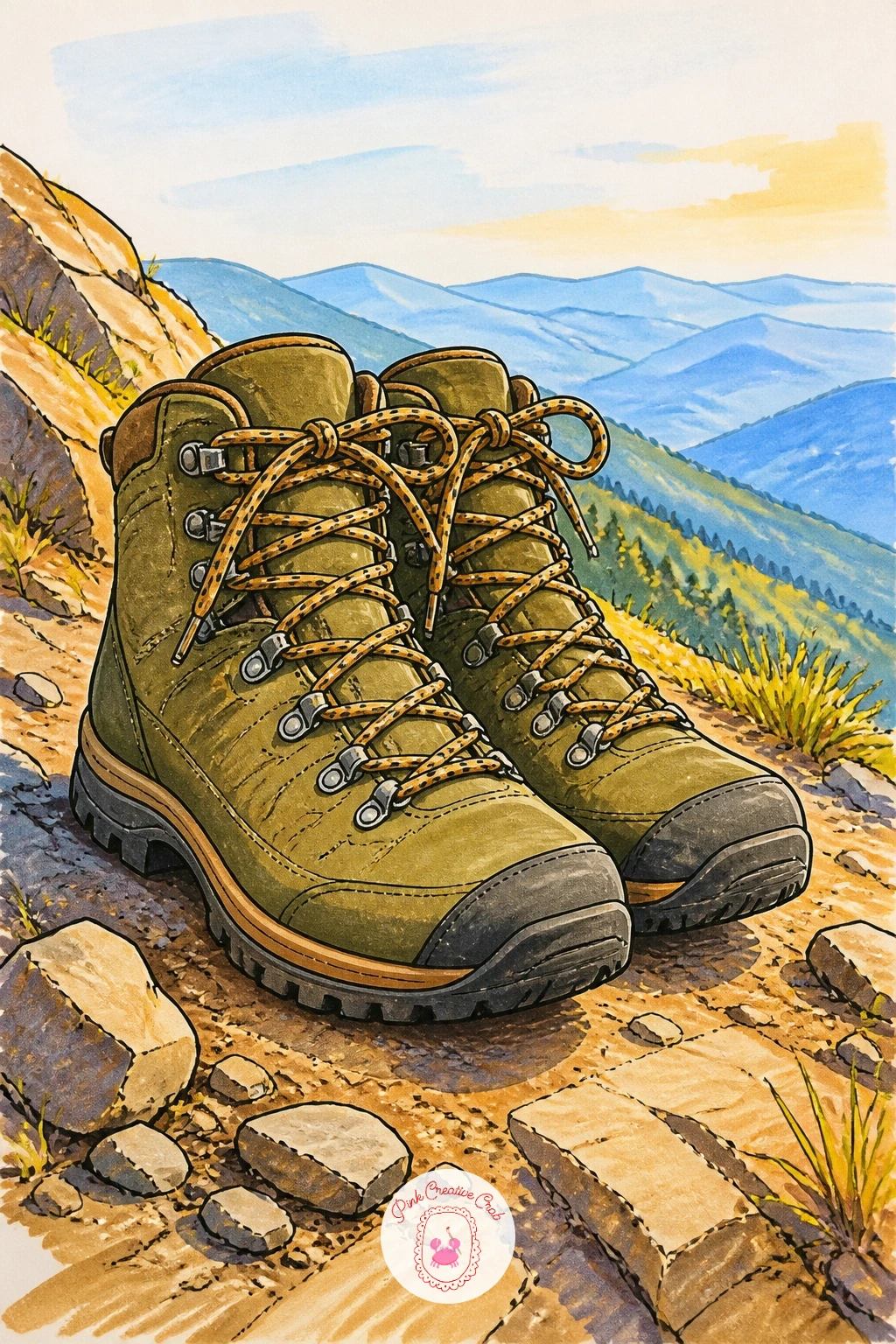 Hiking Boots On A Mountain Trail — Hiking boots need a sturdier outline than anything drawn so far: thicker soles, a lace pattern crossing up the front, and a