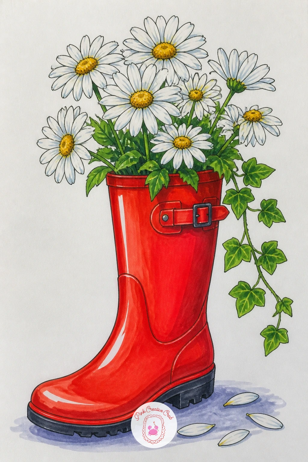 Rain Boots Used As Flower Pots — This one turns the rain boot into a container rather than footwear, so draw it tipped slightly onto its side or standing
