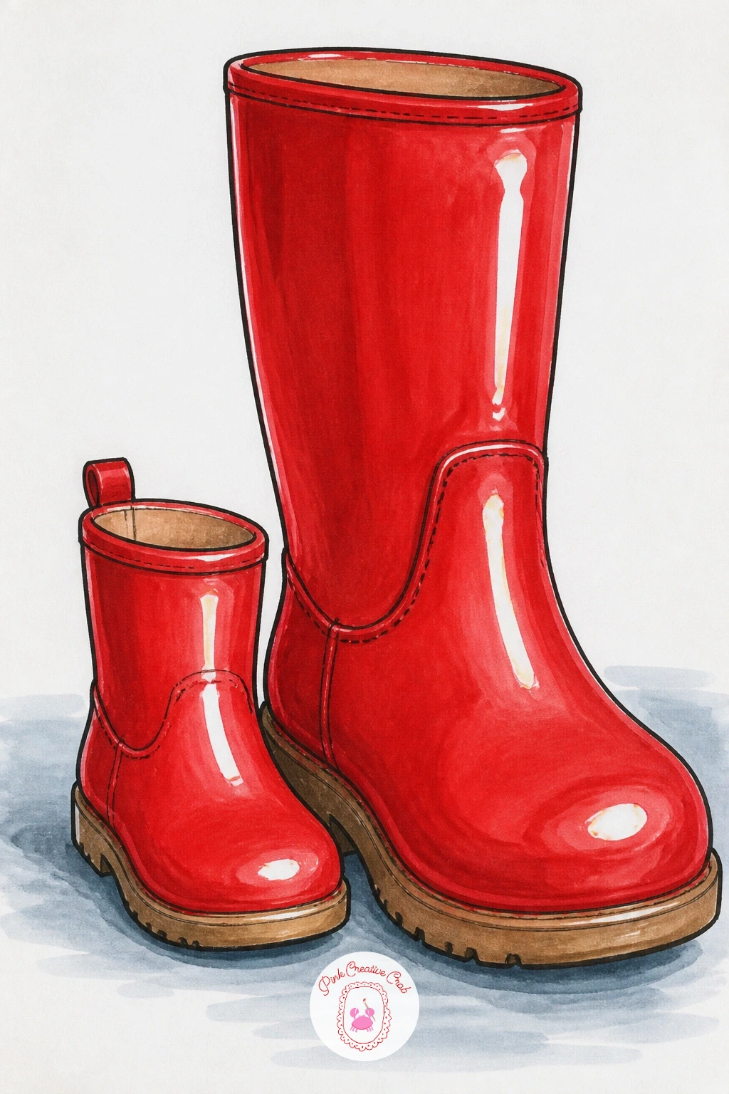 A Child's Red Boots Next To An Adult's — Scale comparison is the whole trick here, so draw the adult boot first at full size, then measure the child's boot
