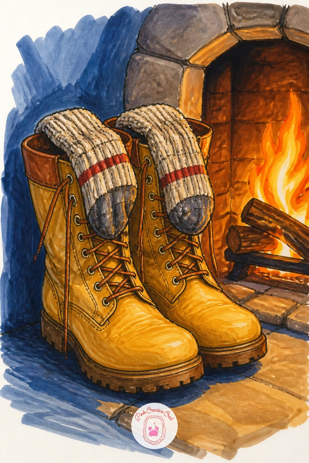 Boots Drying By A Fireplace With Socks — Bring the hiking or snow boots in from the cold here, standing slightly apart near a fireplace with a pair of socks
