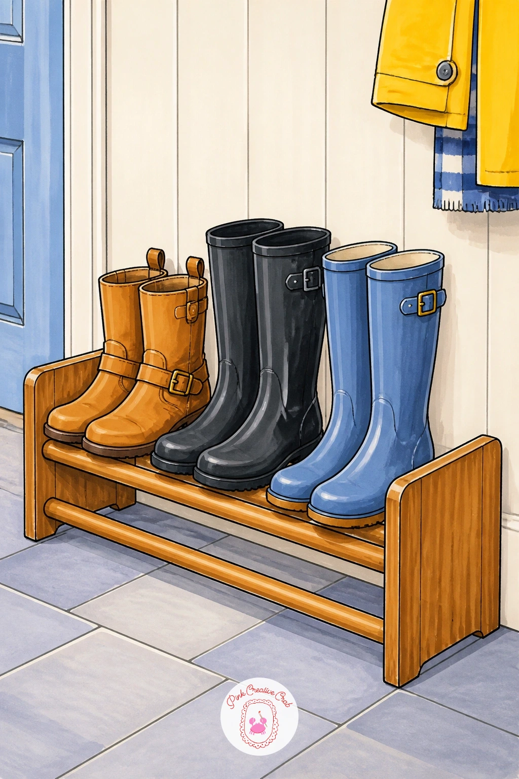 A Boot Rack In A Hallway — Fit several pairs onto one rack and this becomes the most varied drawing on the list, so plan the layout before you ink anything