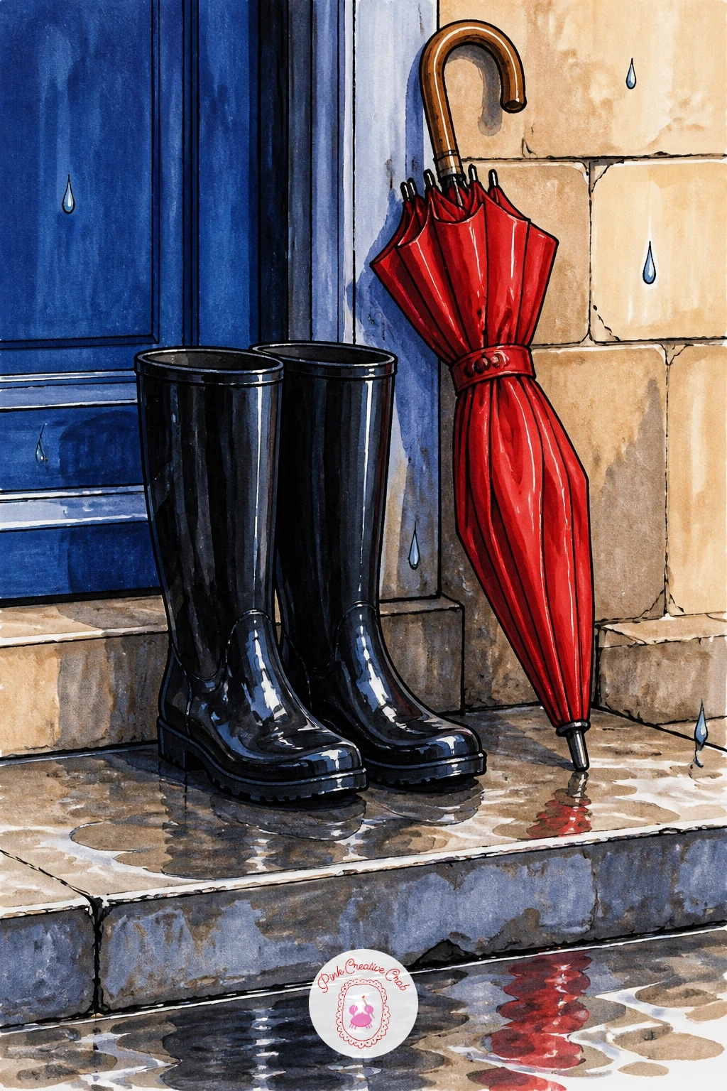 Boots And An Umbrella On A Rainy Step — Place a single pair of boots on a doorstep with a closed umbrella leaning beside them, raindrops just starting to