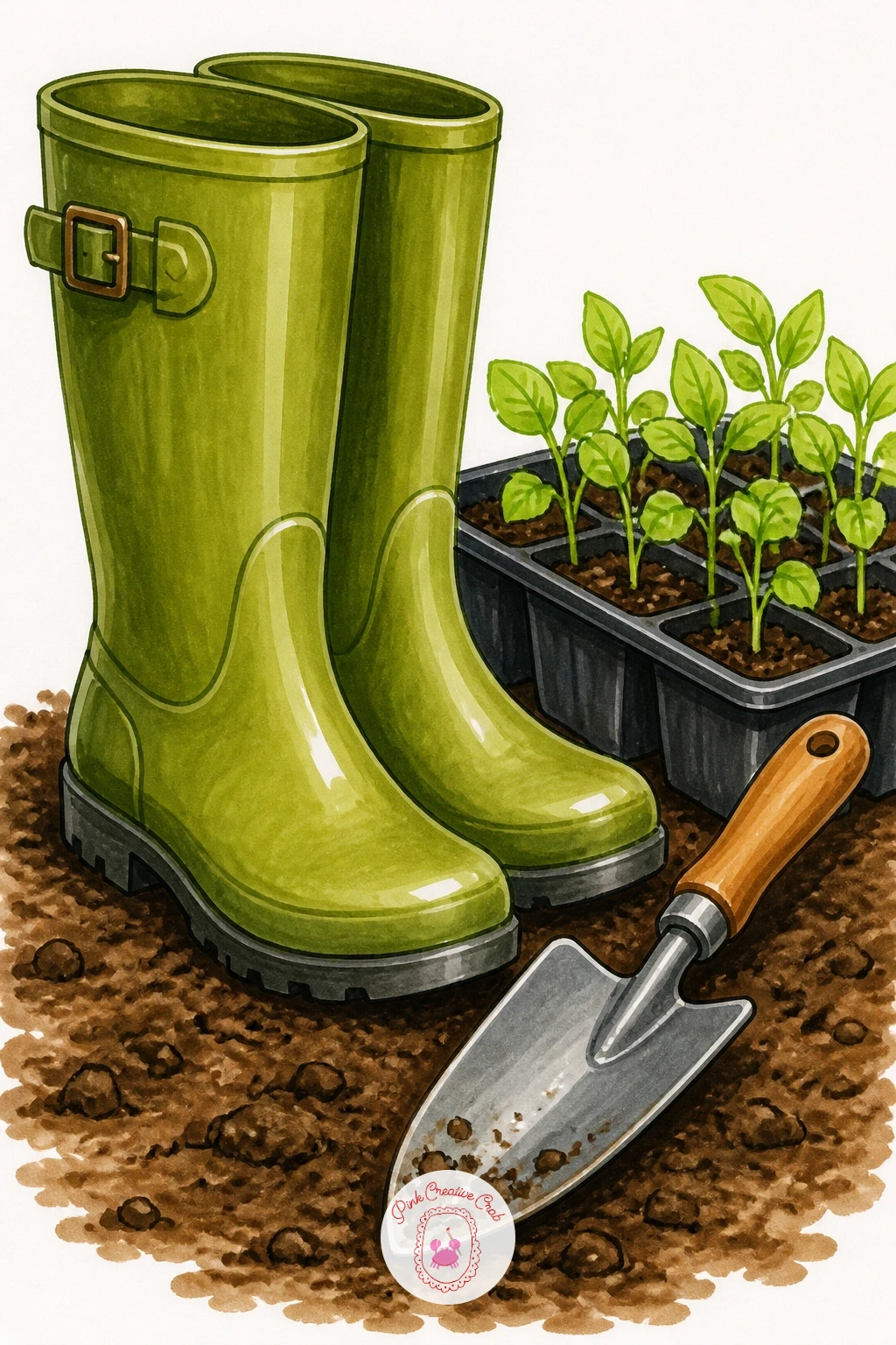Garden Boots Beside A Trowel And Seedlings — Set a sturdy pair of rubber garden boots on bare soil beside a small trowel and a tray of seedlings, which makes