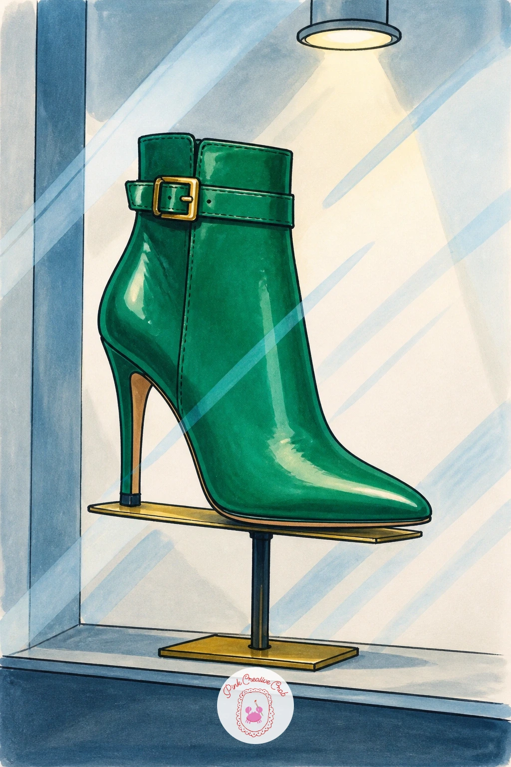 A Pair Of Boots In A Shop Window — Frame this one differently from everything before it: a single elegant pair of boots displayed on a small stand behind a