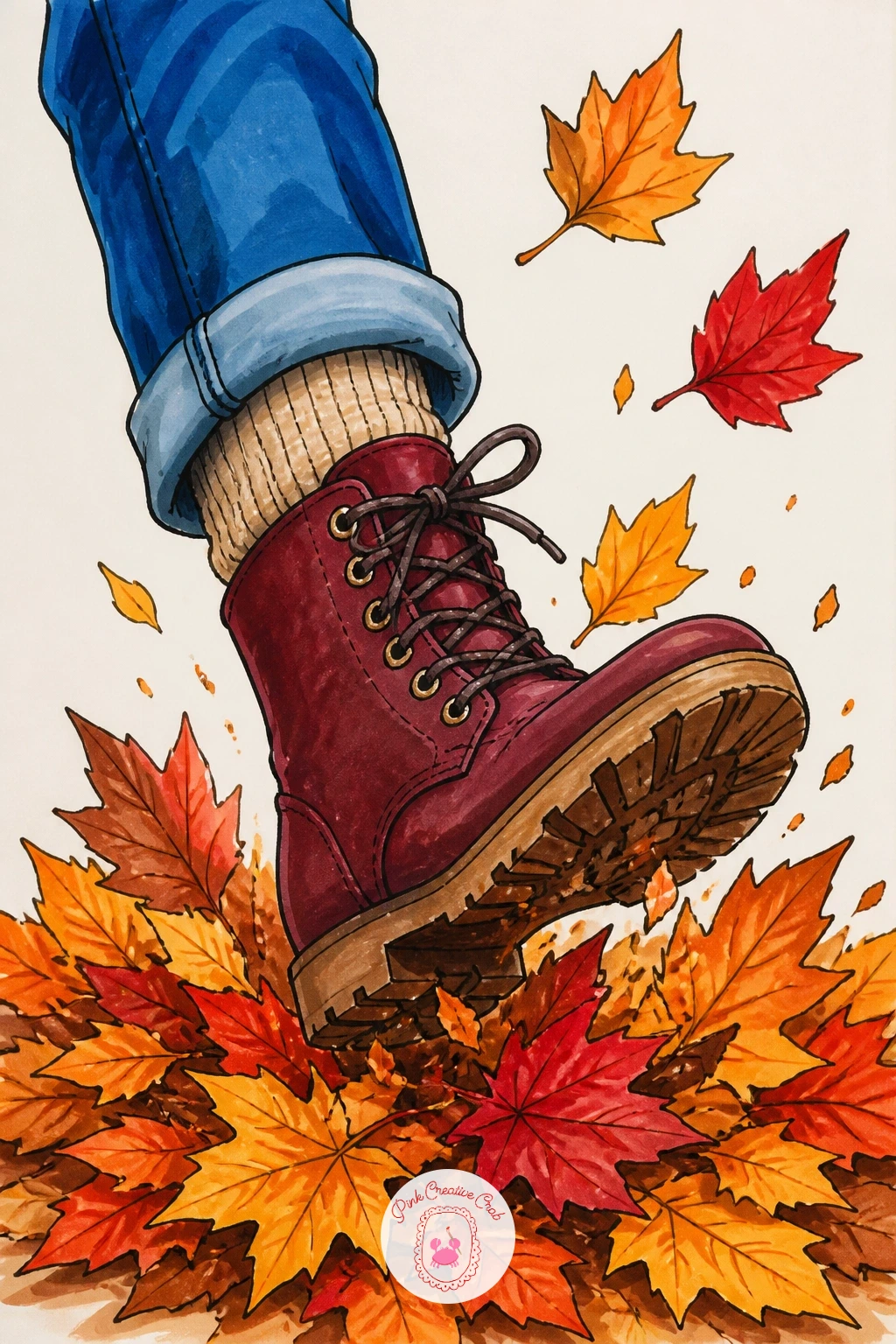 Boots Splashing Through Autumn Leaves — Catch a boot mid-stride kicking up a small pile of autumn leaves, the kind of action shot that needs you to draw the