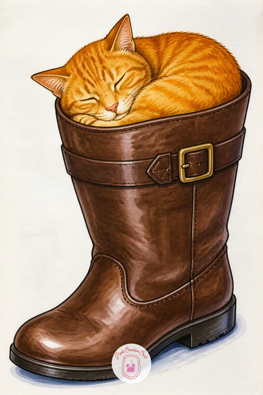 A Cat Sleeping In A Boot — Curl a small cat into the top opening of a tall boot, its body tucked in a tight loose spiral and just its head and one paw resting