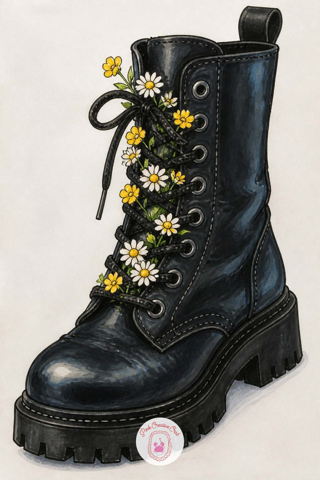 Combat Boots With Flowers In The Laces — Contrast is the whole idea of this one, so lean into it: draw the combat boot heavy and sturdy, with a thick sole and