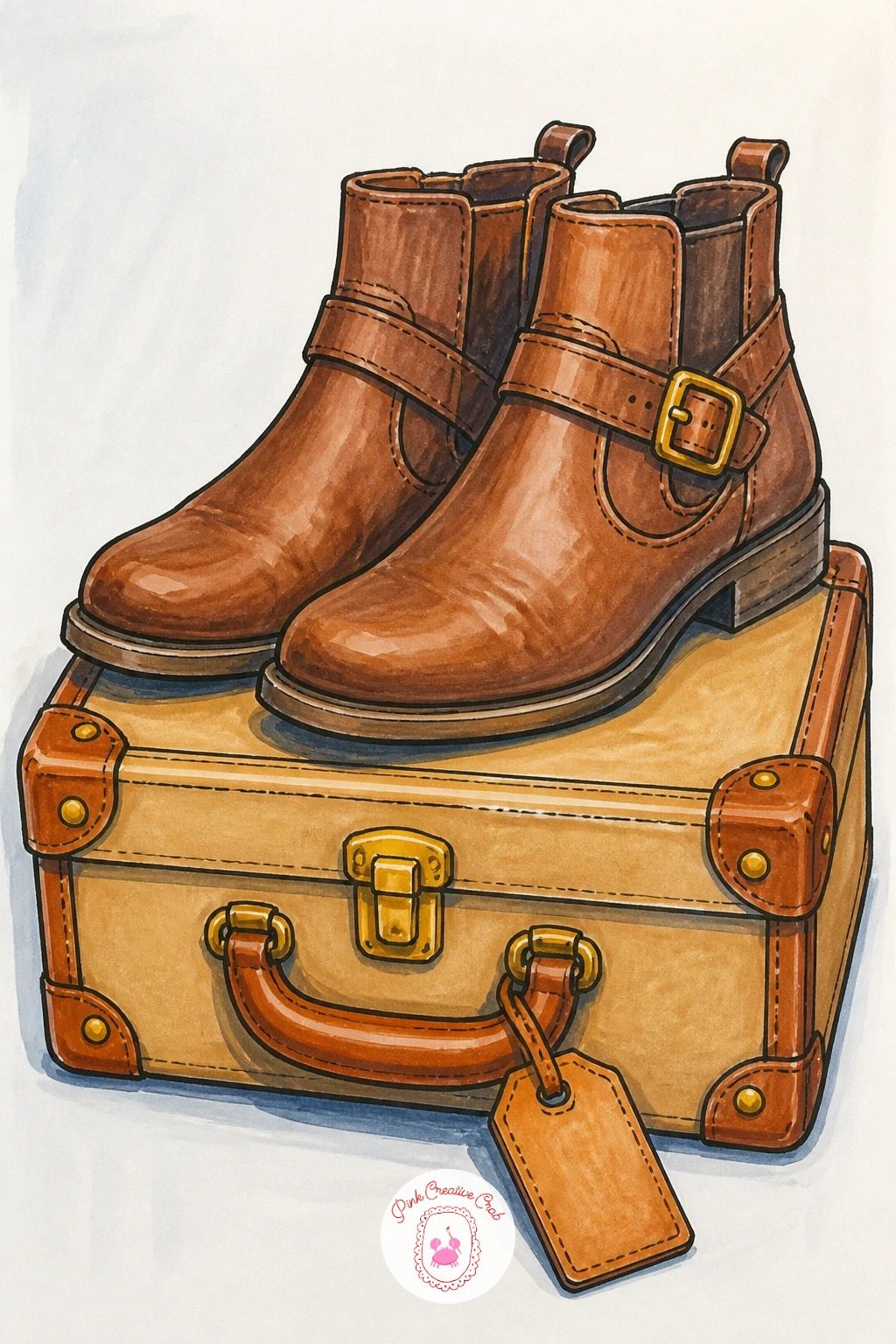Boots On A Suitcase For A Trip — Perch a pair of ankle or short boots on top of a closed suitcase, as though packed and ready by the door before a trip. Boots