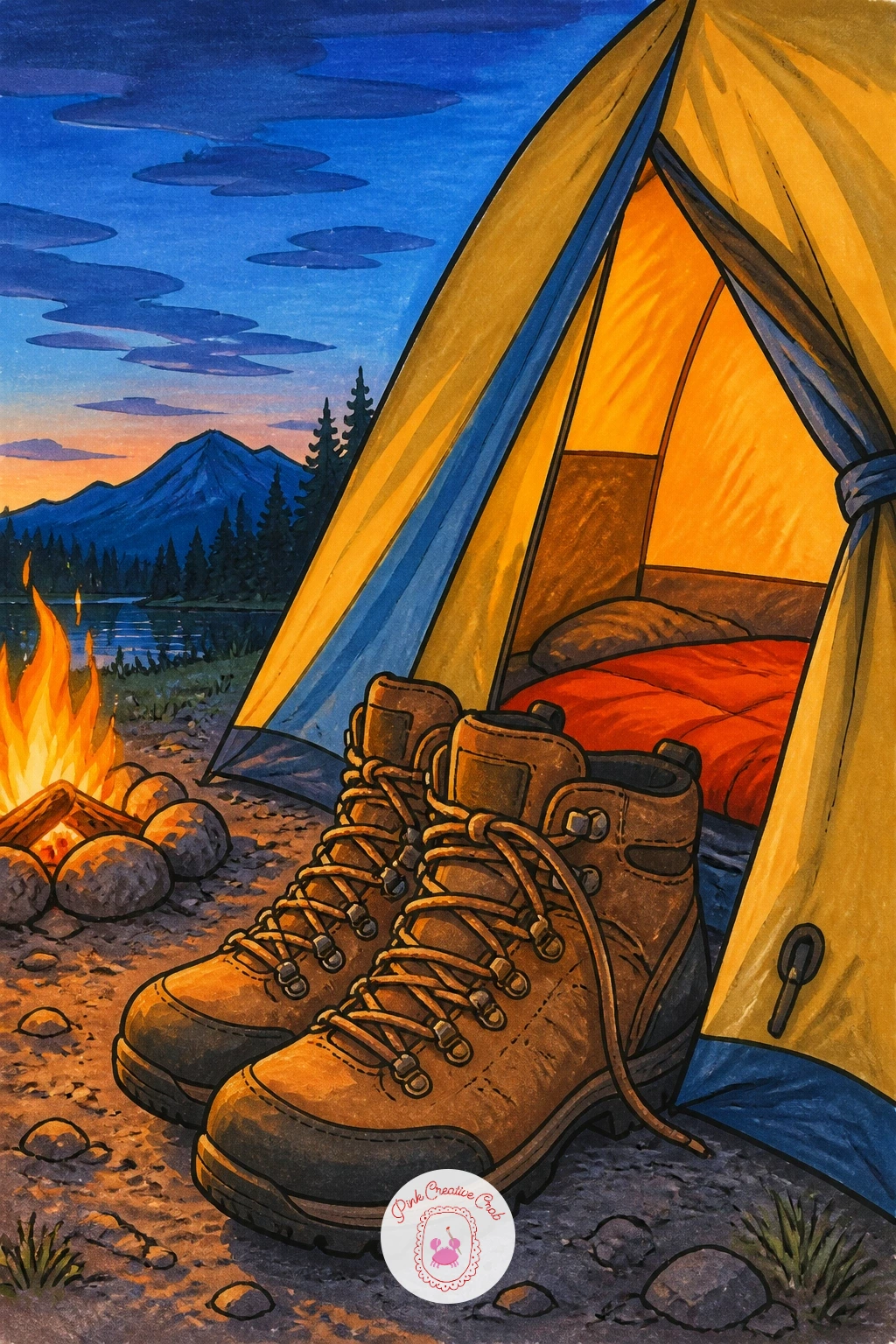Boots By A Tent At A Campsite — Set a sturdy pair of hiking or rain boots just outside a small tent flap, as though left at the entrance for the night. Boots