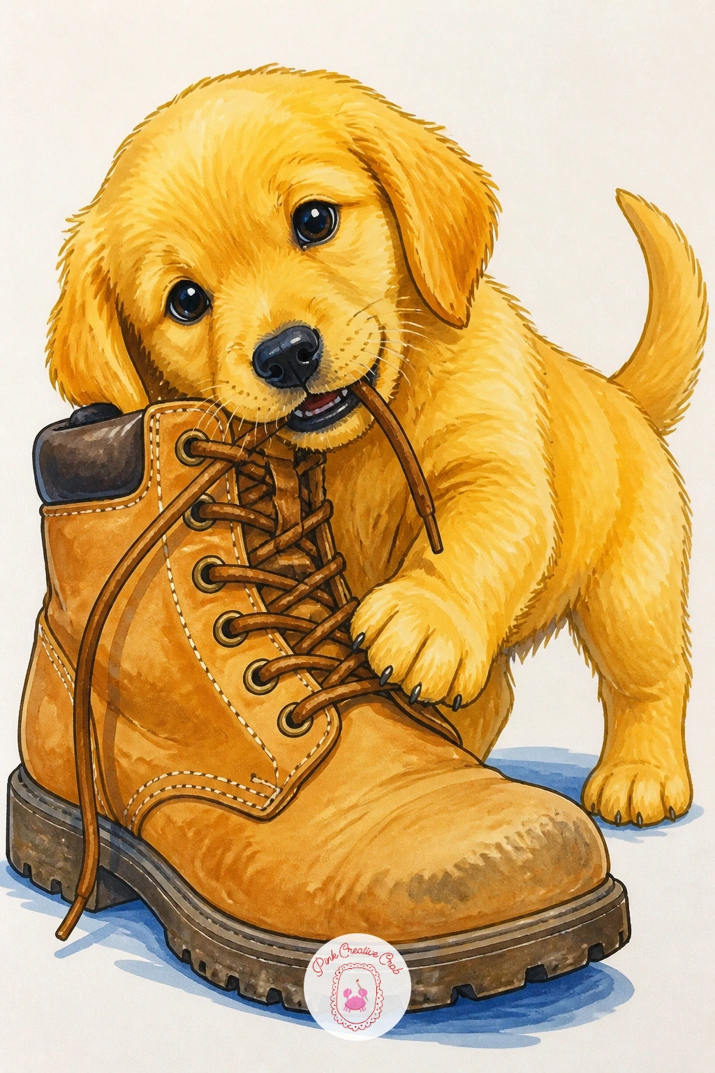 Little Puppy Chewing A Boot — Give the sturdiest boot on the page a mischievous companion: a small puppy with its teeth tugging playfully at the laces or the