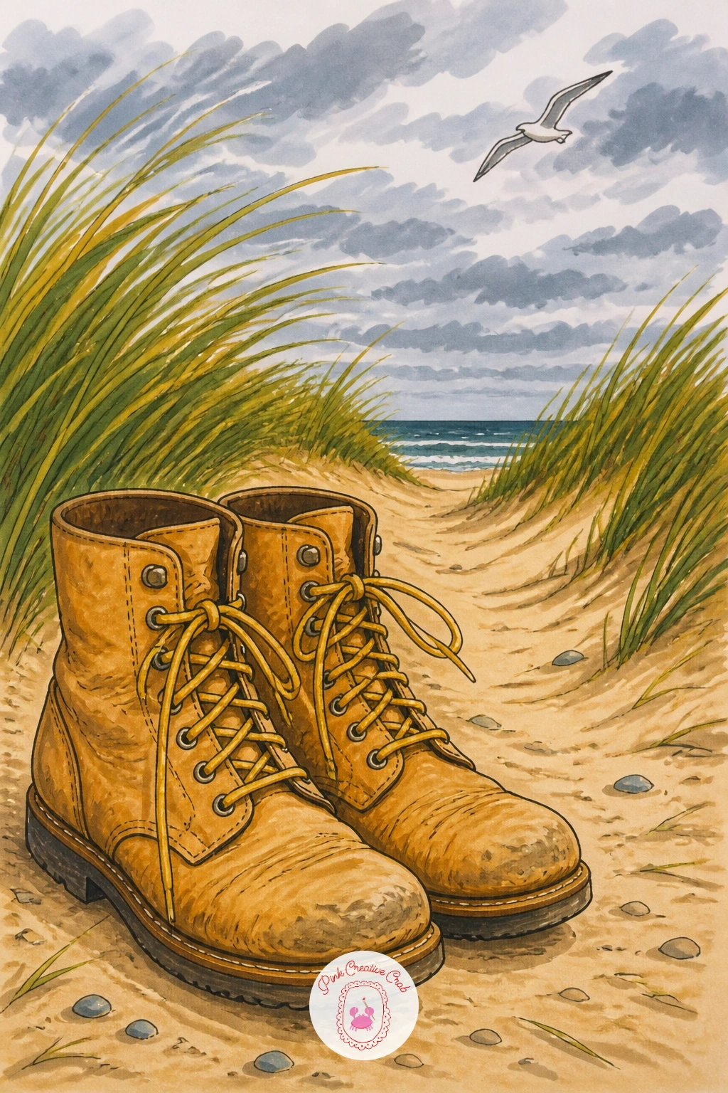 Boots On A Windy Beach Path — Stand a pair of boots on a sandy path with beach grass bending sideways in the wind, which gives you a chance to draw real