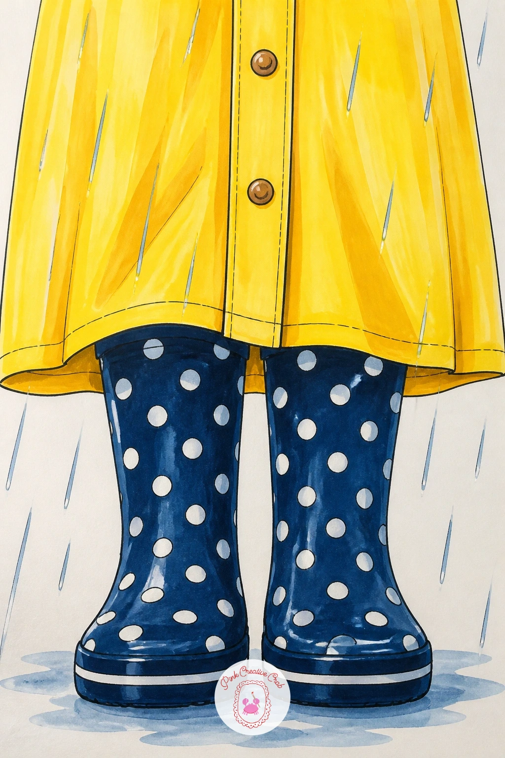 Polka Dot Rain Boots Under A Raincoat — Close the list with the most pattern-heavy piece so far: a pair of polka dot rain boots peeking out beneath the hem of