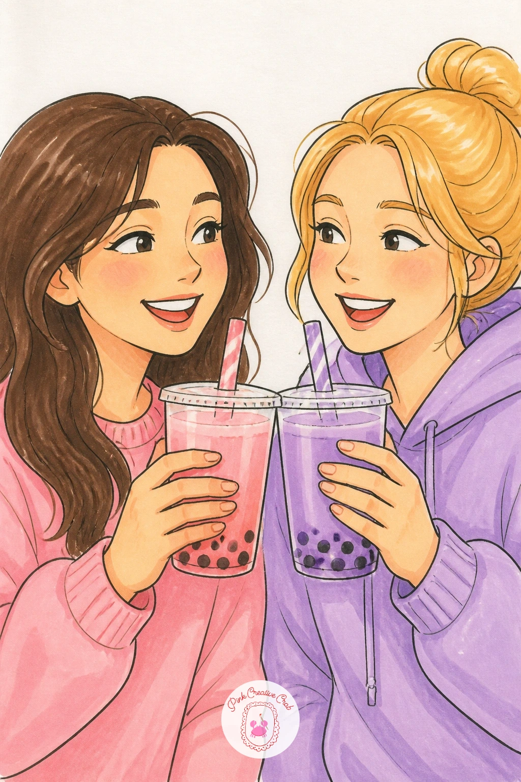 Two Friends Clinking Bubble Tea Cups — This is the first little scene on the list, so keep the figures simple: two friends shown from the chest up, each