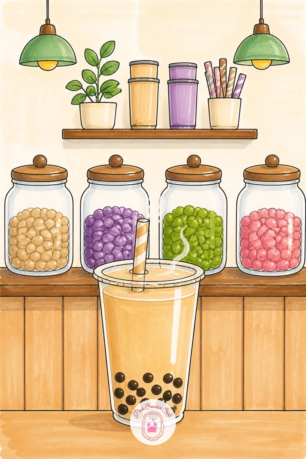 Bubble Tea Shop Counter With Jars of Pearls — Give the page a little more to look at with a bubble tea shop counter, lined up with glass jars of toppings.