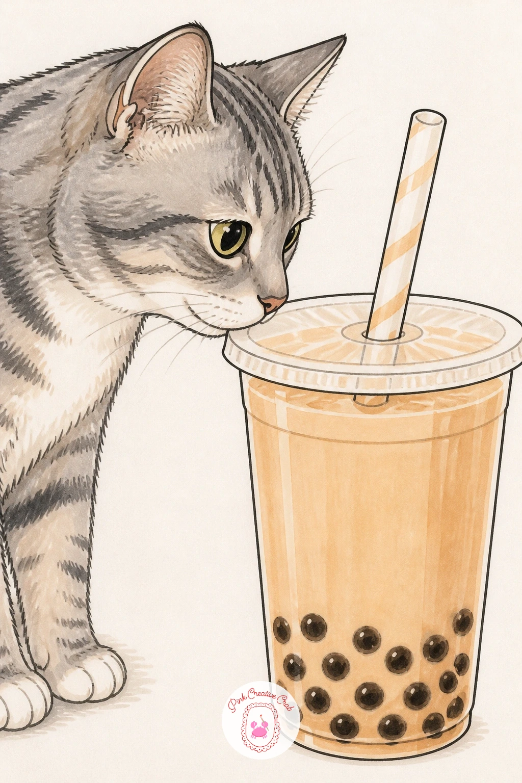Cat Sniffing a Cup of Bubble Tea — Bring a little character onto the page with a cat leaning in to sniff a cup of bubble tea, nose practically touching the