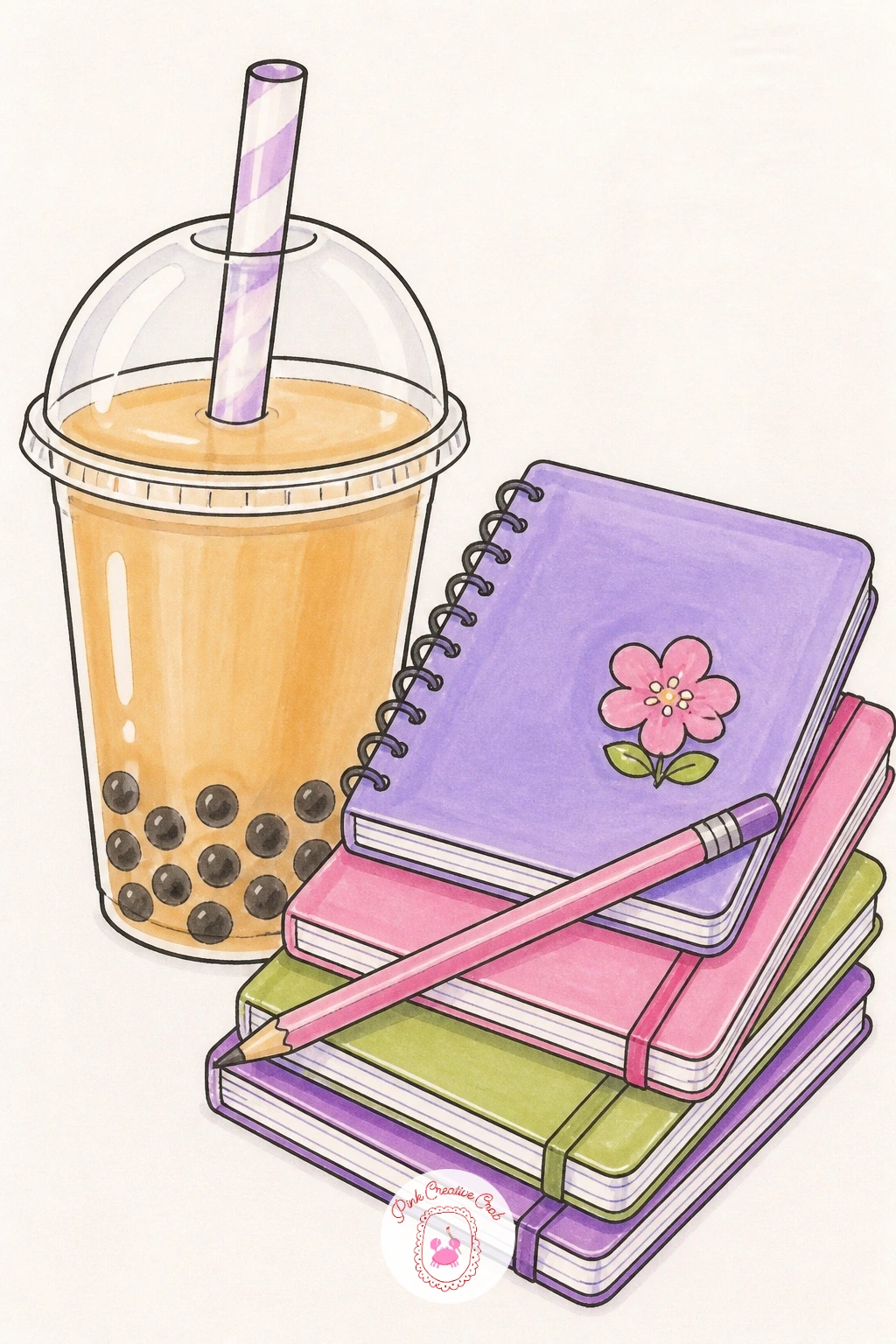 Jasmine Milk Tea on a Desk With Notebooks — Set a jasmine milk tea down on a desk beside a stack of notebooks for a cozy study-break scene. Bubble tea drawing