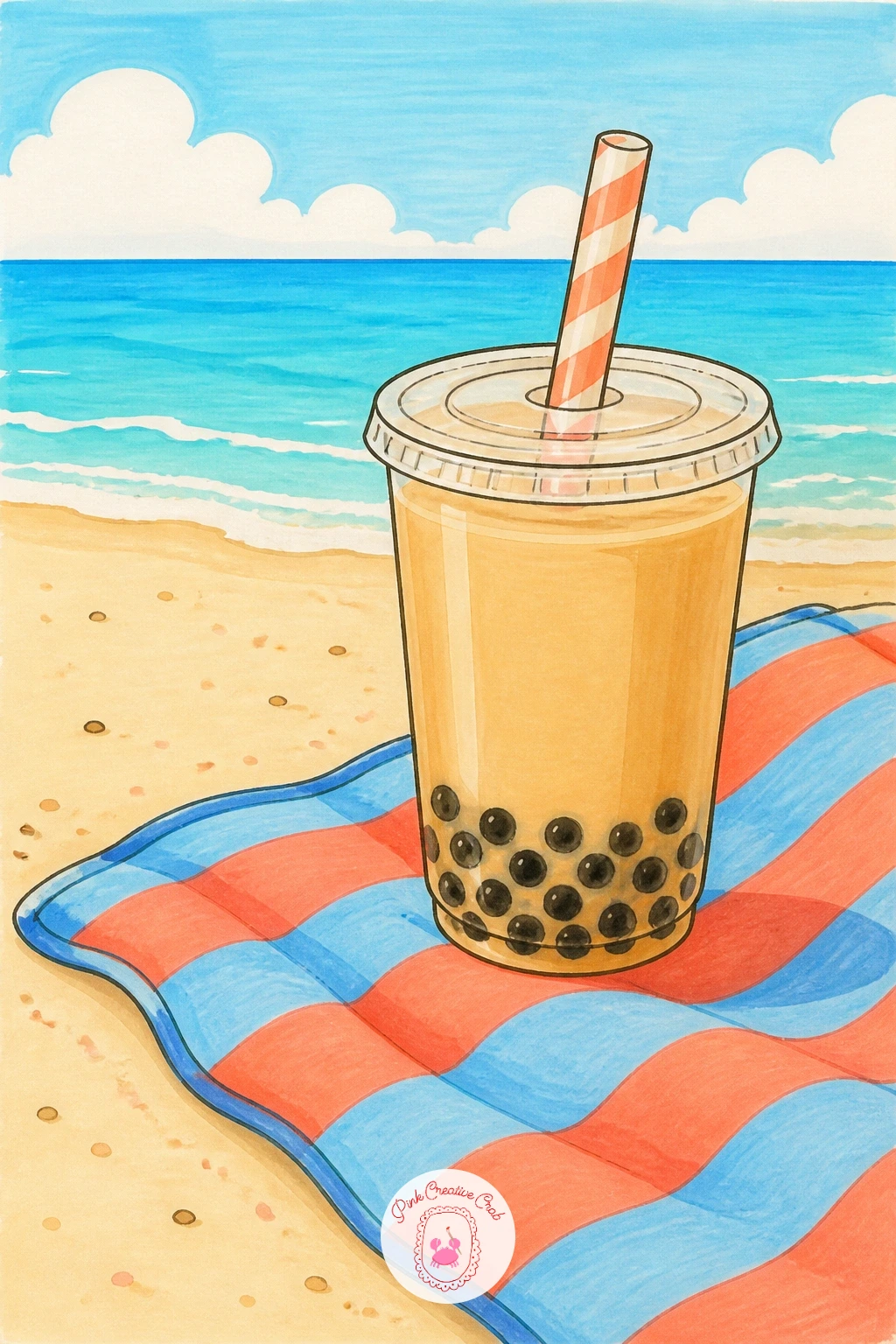 Bubble Tea on a Beach Towel — Take the cup outdoors with a bubble tea resting on a striped beach towel, drink standing upright while the towel ripples around