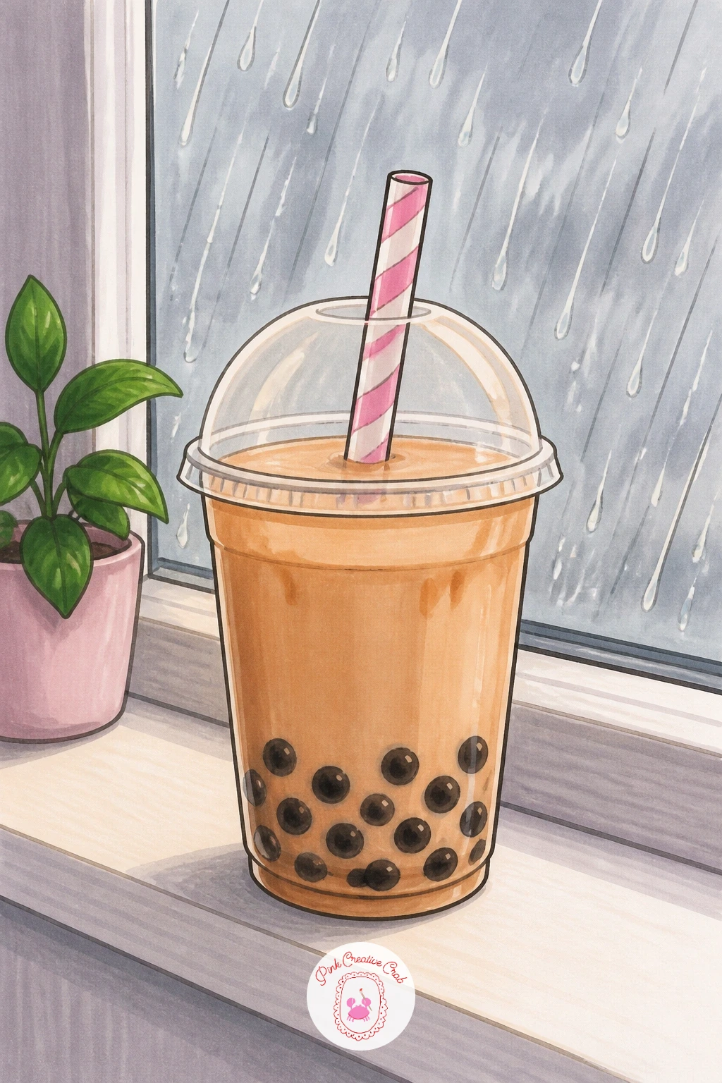 Bubble Tea on a Rainy Windowsill — Build a quieter mood with a bubble tea sitting on a windowsill while rain streaks the glass behind it. Bubble tea drawing