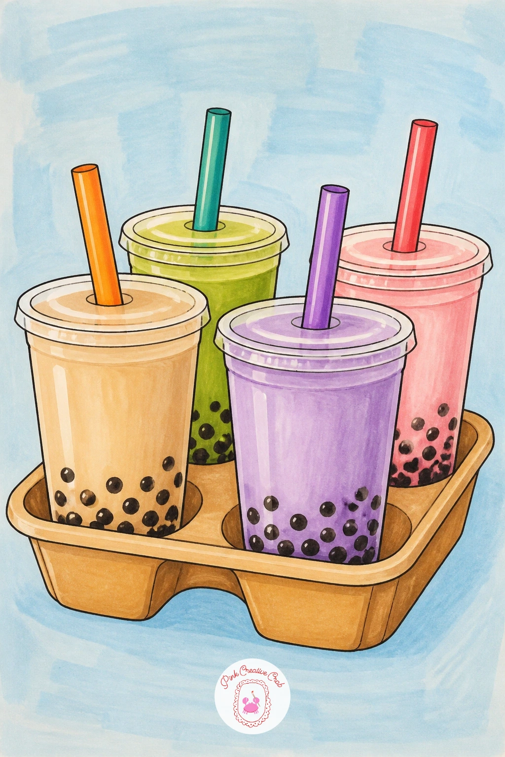 Tray of Four Bubble Teas for Friends — Step up to a small group order with a tray carrying four bubble teas, each a different flavor, ready to hand around to