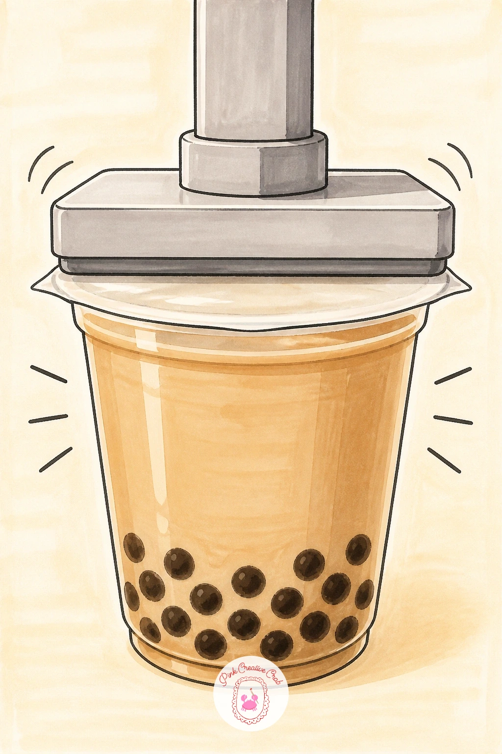 Bubble Tea Being Sealed at the Shop — Show the moment right before the cup is handed over with a bubble tea being sealed at the shop, a machine pressing a film