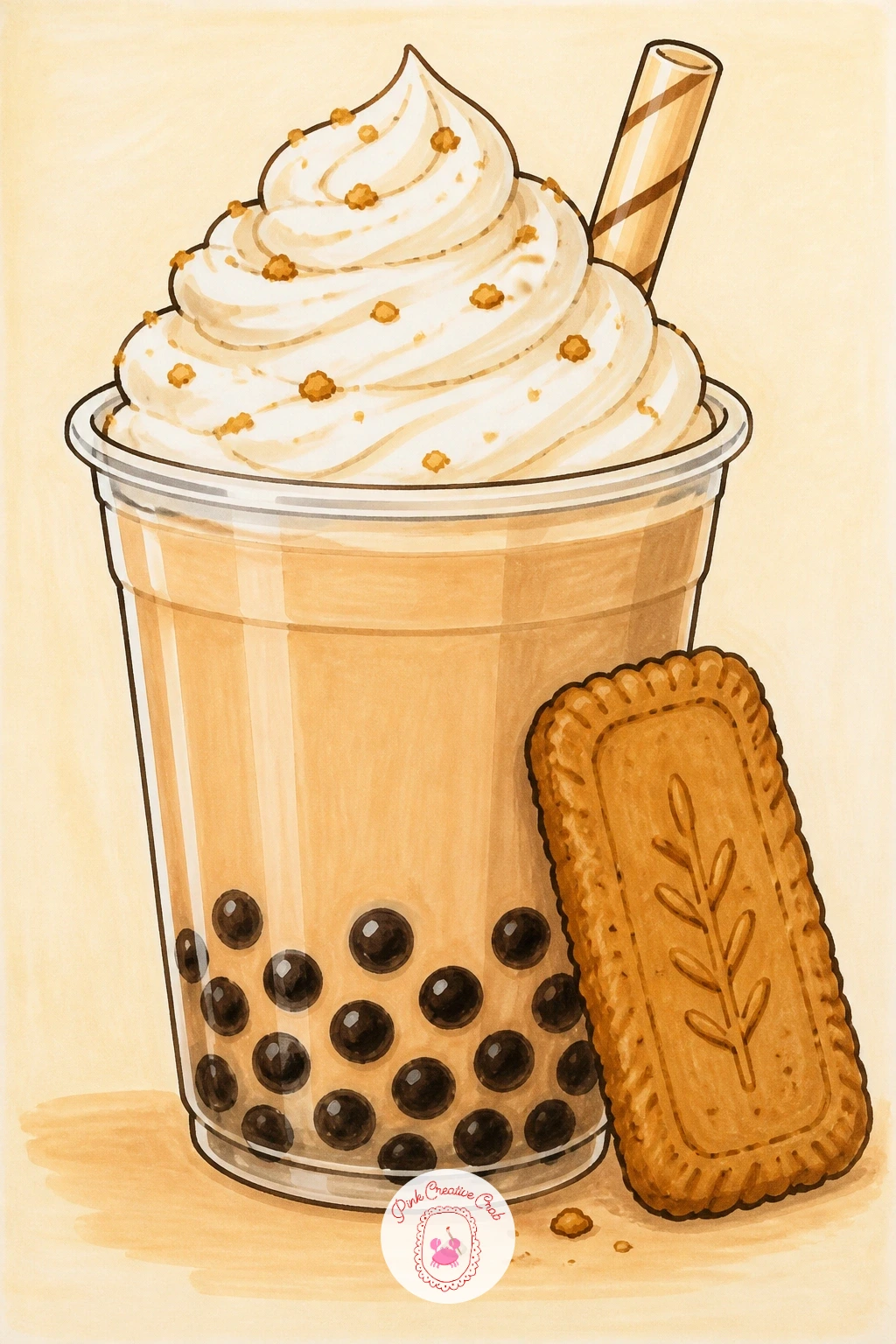 Bubble Tea With Whipped Cream and Biscuits — Pile on a little indulgence with a bubble tea topped with a swirl of whipped cream and a biscuit tucked beside the