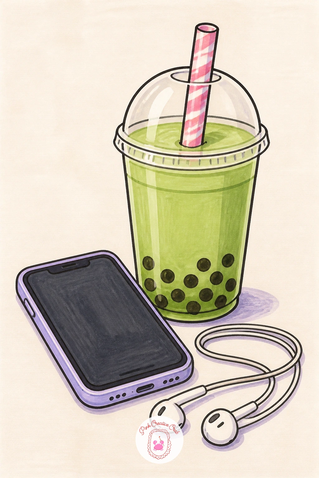 Bubble Tea Next to a Phone and Earbuds — Set the scene for a scroll break with a bubble tea next to a phone and a small tangle of earbuds resting on the table.