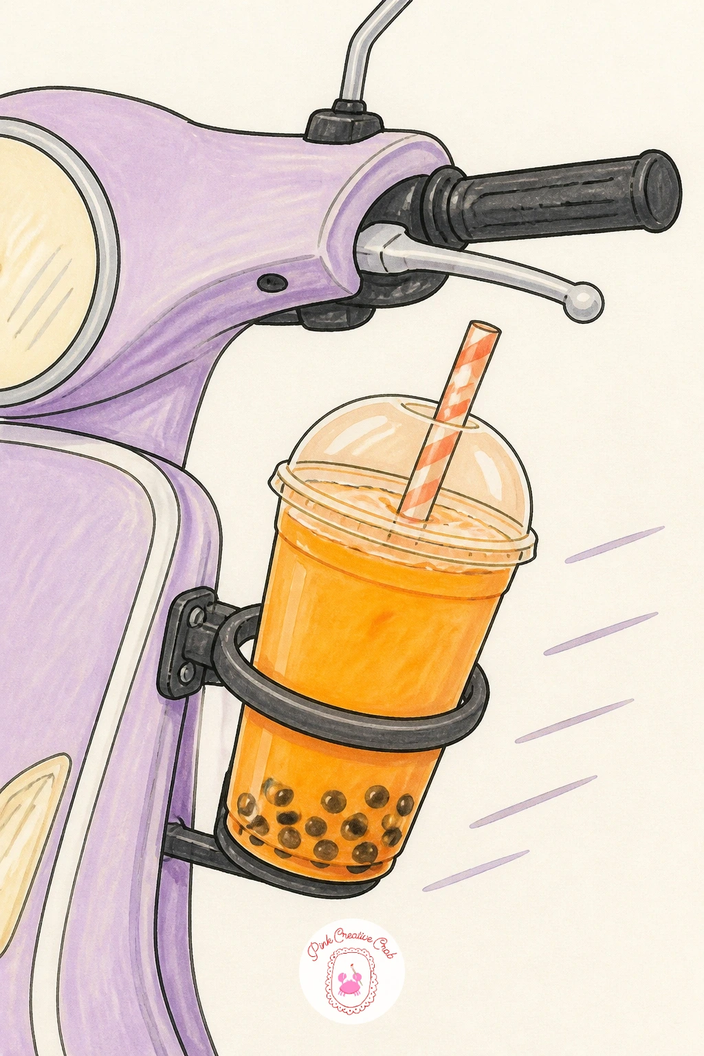 Bubble Tea in a Cup Holder on a Scooter — Take the drink along for a ride with a bubble tea tucked into a cup holder on a scooter, caught mid-trip. Bubble tea