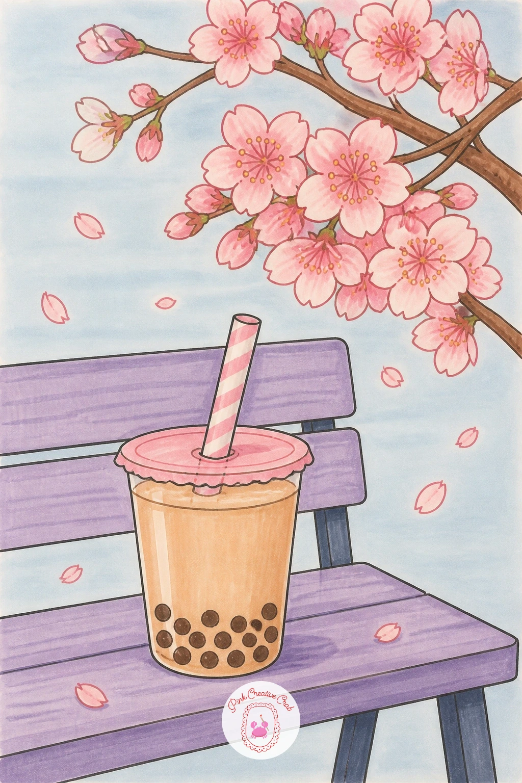 Bubble Tea Under a Cherry Tree — Build a small outdoor scene with a bubble tea sitting on a bench under a cherry tree, a few blossoms drifting down around it.