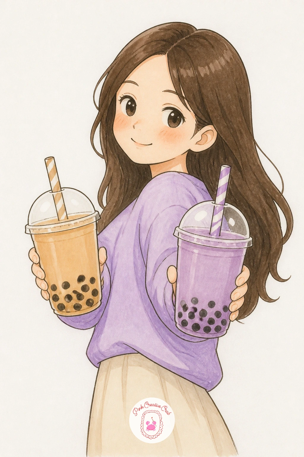 Girl Holding Two Bubble Teas — Bring a friendly figure back onto the page with a girl holding two bubble teas, one in each hand, clearly on her way to share