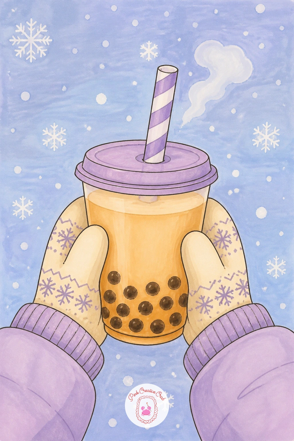 Bubble Tea in the Snow With Mittens — Shift the mood to a cold-weather treat with a bubble tea held by two mittened hands in the snow. Bubble tea drawing