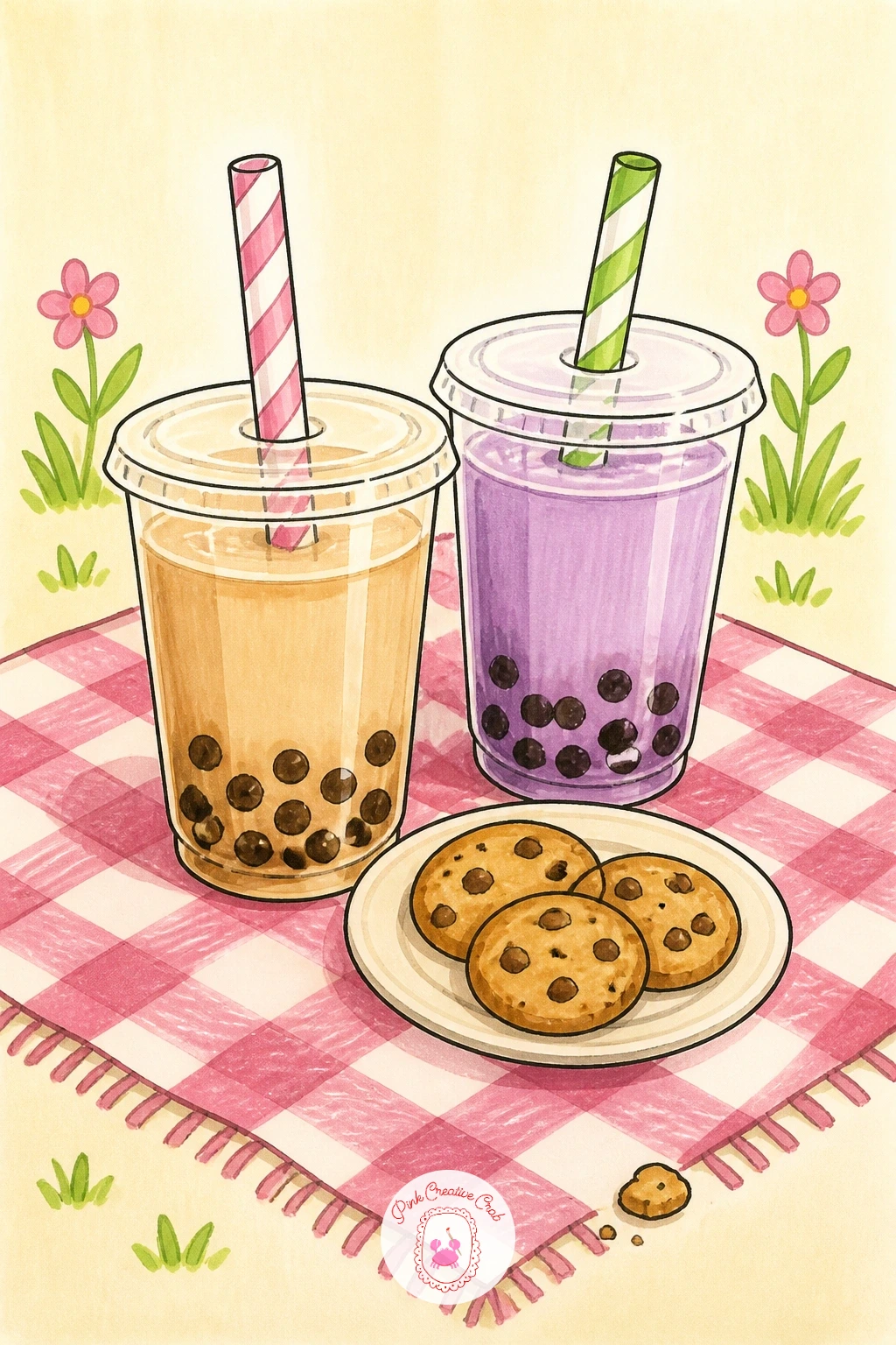 Bubble Tea Picnic on a Blanket — Close the list with a full little gathering: a bubble tea picnic laid out on a blanket, with two or three cups and a small