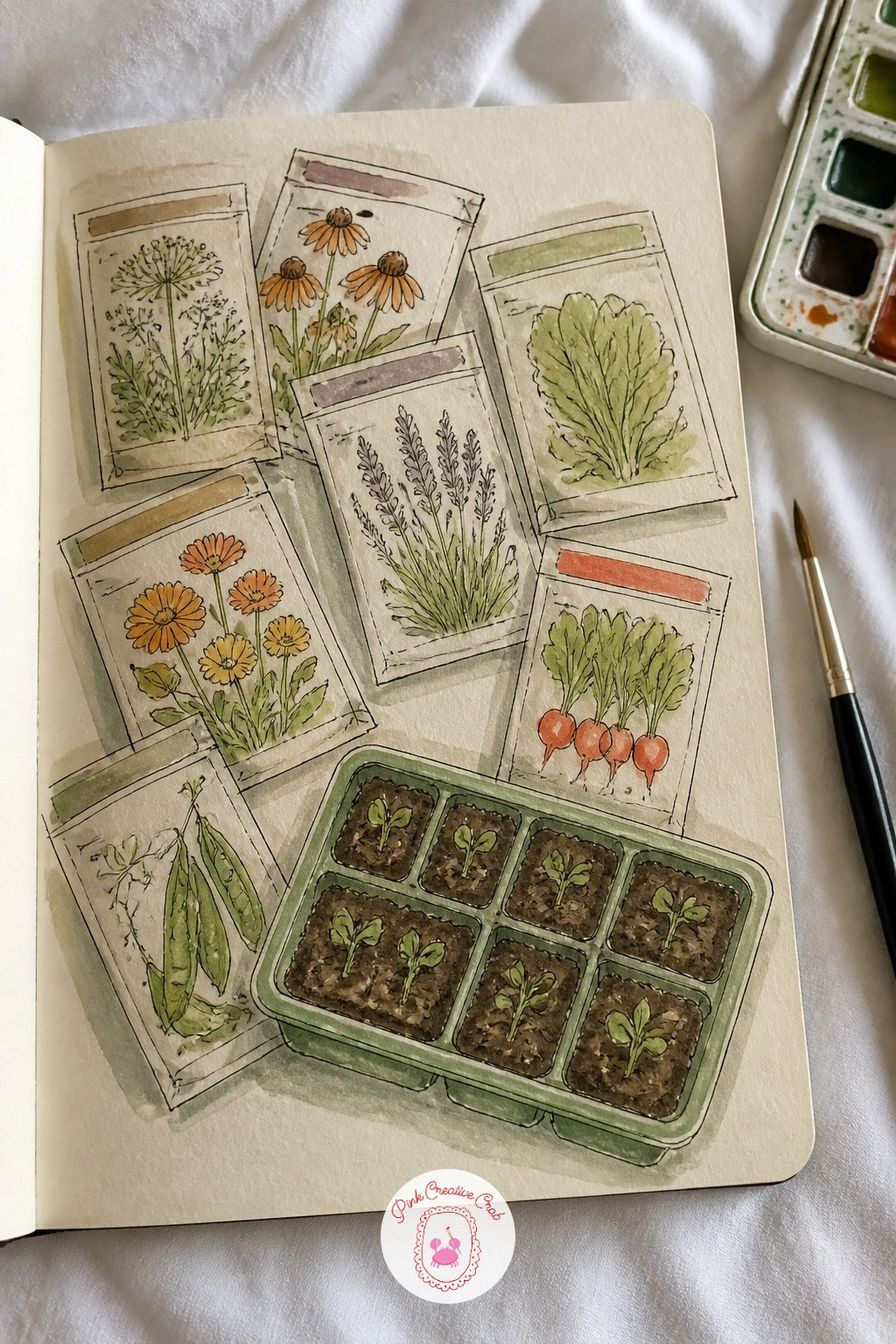 Seed Packets and Seed Tray — Start the year's sketchbook with seed packets and a seed tray, the most forgiving page of the whole project because everything in