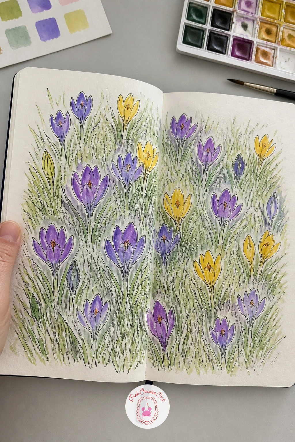 Crocuses in the Lawn — Crocuses in the lawn bring color back to the page after the quieter winter sketches, and the trick is getting the grass to feel loose