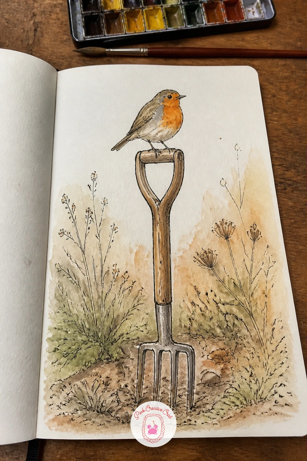 Robin on a Garden Fork — A robin on a garden fork is the first little creature in the year's pages, so start with the fork rather than the bird to get the