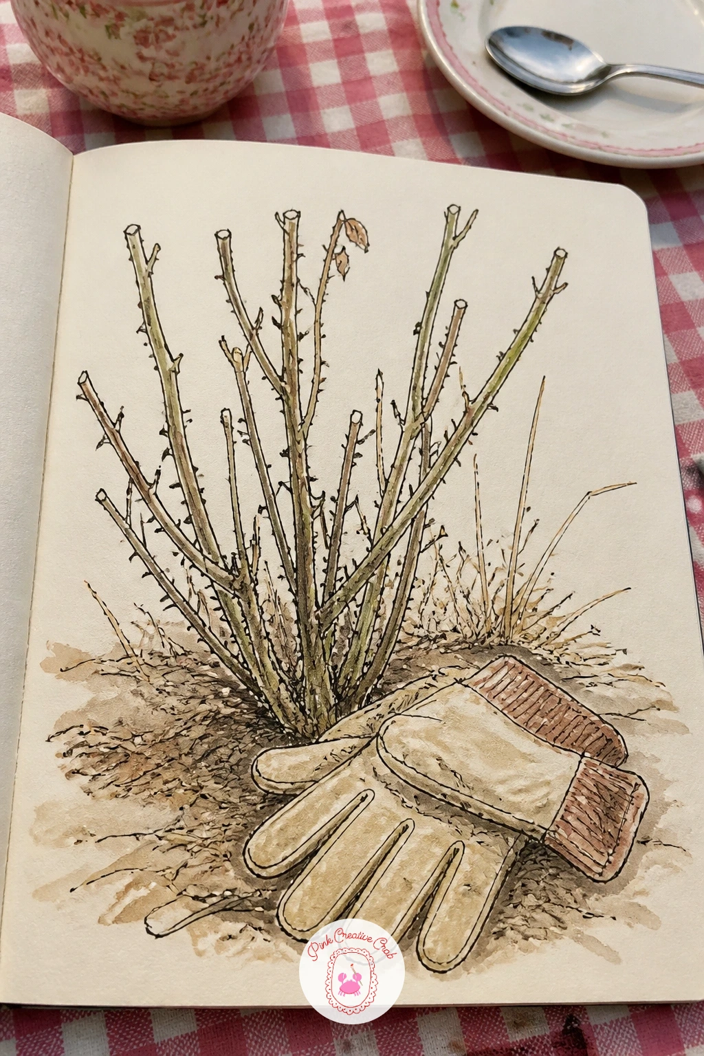 Pruned Rose Bushes and Gloves — Pruned rose bushes and a pair of gloves make a good study in bare structure, since a freshly cut rose is mostly stems and