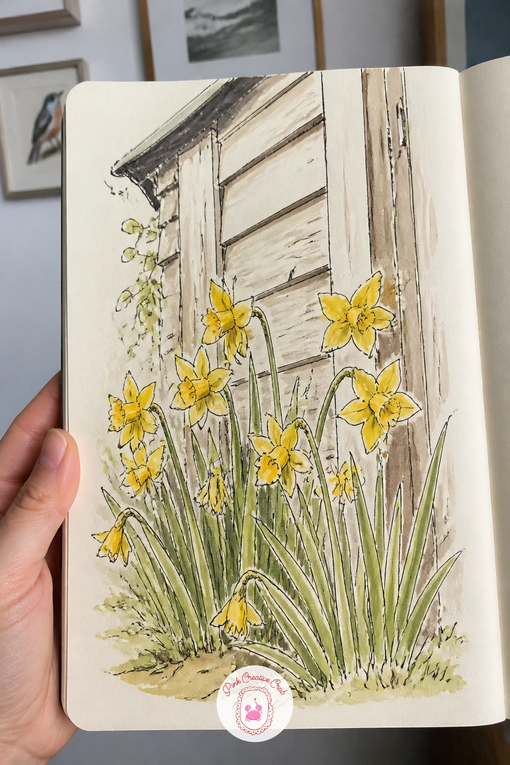Daffodils by the Shed — Daffodils by the shed bring the first strong yellow of the year onto the page, and the shed wall behind gives you a flat backdrop to