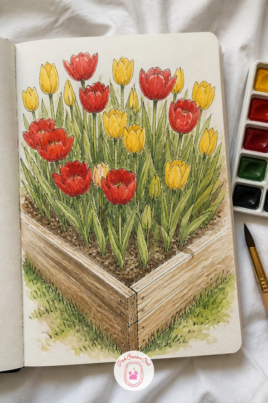 Tulips in a Raised Bed — Tulips in a raised bed let you practice drawing from above, since a raised bed is often sketched looking slightly down into it rather