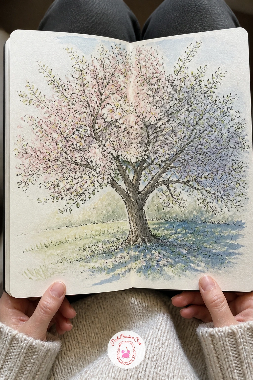 Blossoming Apple Tree — A blossoming apple tree asks you to think about light direction before you pick up the pen, since the side of the canopy facing the sun