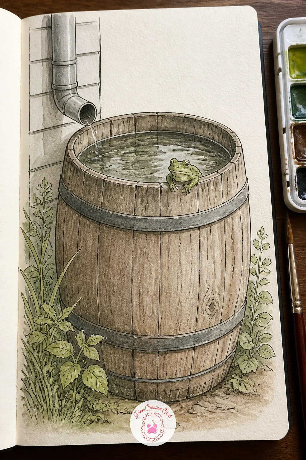 Rain Barrel With a Frog — A rain barrel with a frog gives you a chance to draw a simple cylinder and a small creature together, so start with the barrel's