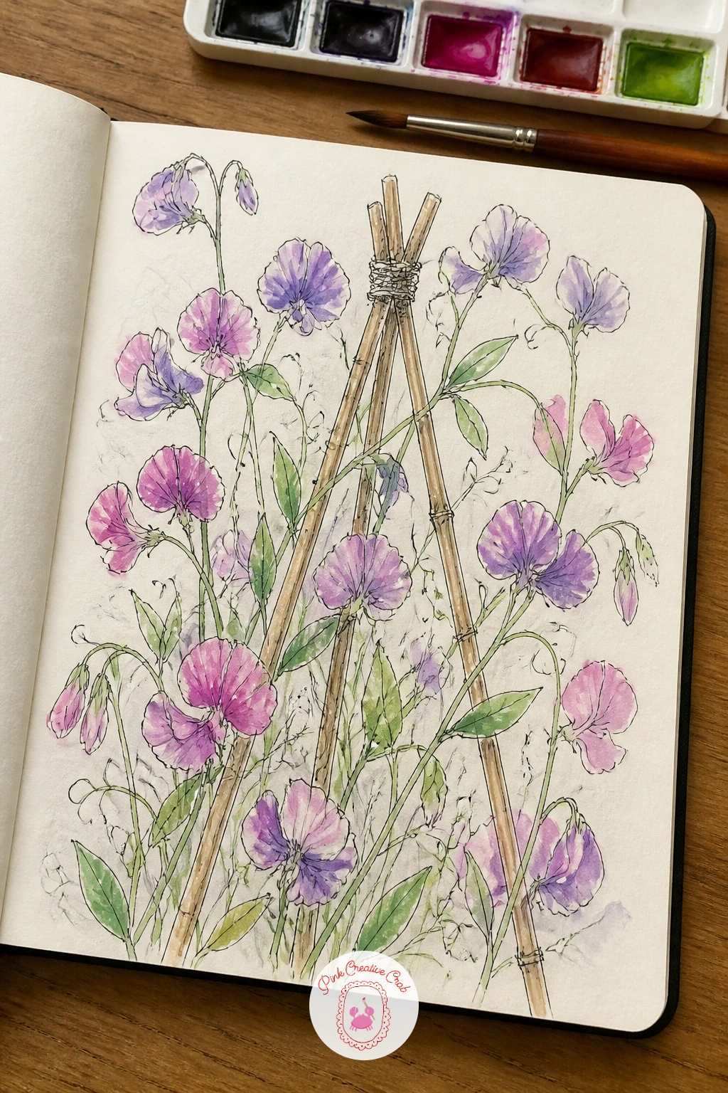 Sweet Peas on a Bamboo Teepee — Sweet peas on a bamboo cane teepee move the page into early summer structure, since the canes form a clear geometric frame the