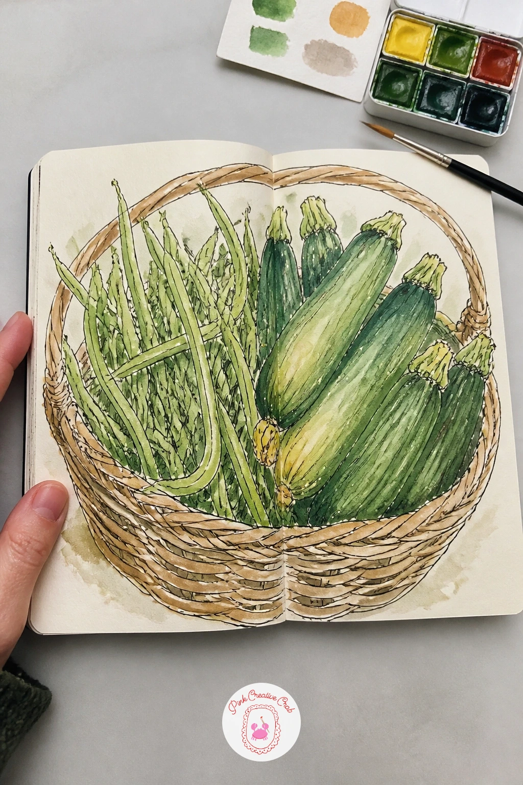Harvest Basket of Beans and Zucchini — A harvest basket of beans and zucchini is a satisfying still life because the shapes contrast so well, long thin beans