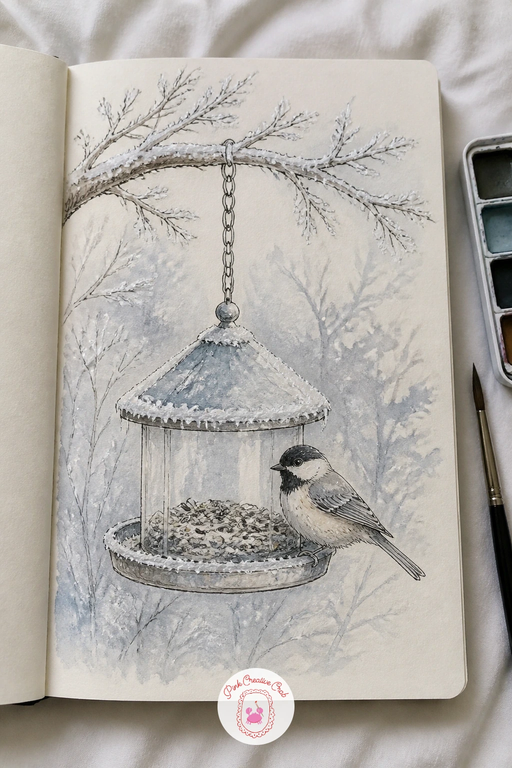 Bird Feeder in the First Frost — A bird feeder in the first frost brings the page into the cold months with a simple hanging object and a new texture