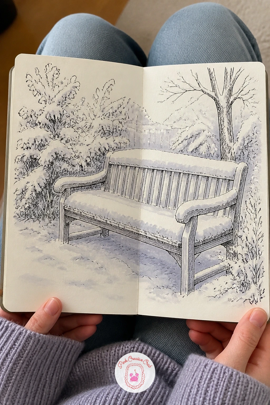 Garden Bench Under Snow — A garden bench under snow is a good study in eye level, since where you place the horizon line on the page changes how much of the