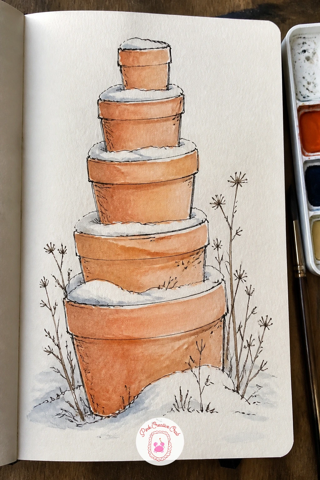 Stack of Terracotta Pots in Winter — A stack of terracotta pots in winter brings the page back to a simple still life after the snowy scenes, and it is worth