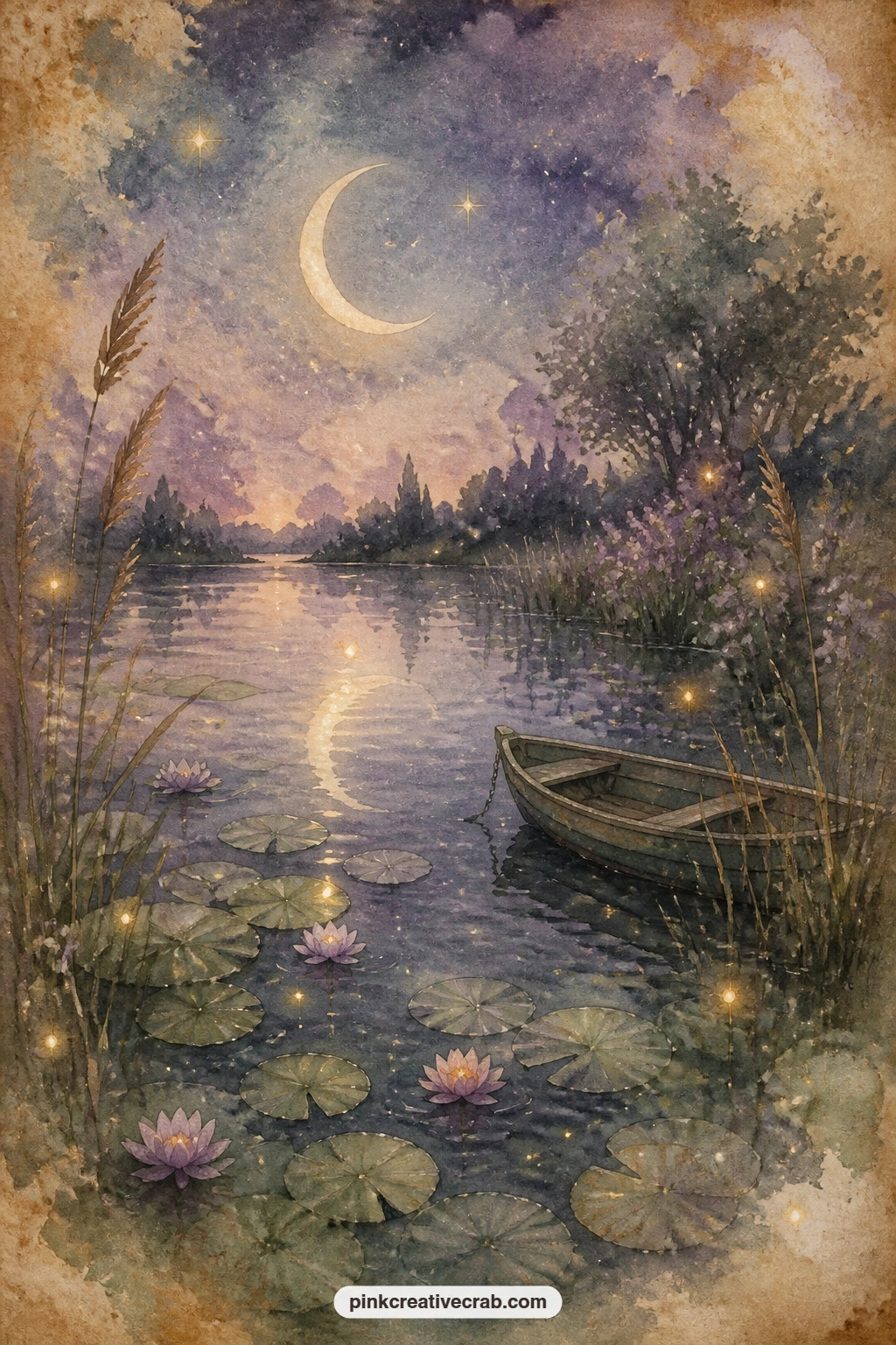 Crescent Moon Over Calm Pond printable page — Write a short note about what you are releasing or letting settle, the way the pond settles under moonlight